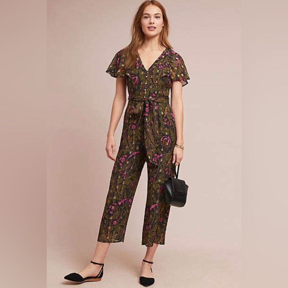 Anthropologie Ett Twa Brenda Jumpsuit Green Gold Floral Flutter Sleeve Size 8